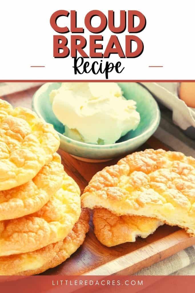 Cloud Bread recipe Pinterest image of cloud bread stacked on plate with text overlay