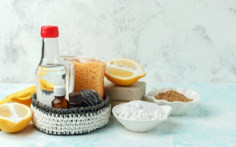 natural cleaning products on white counter