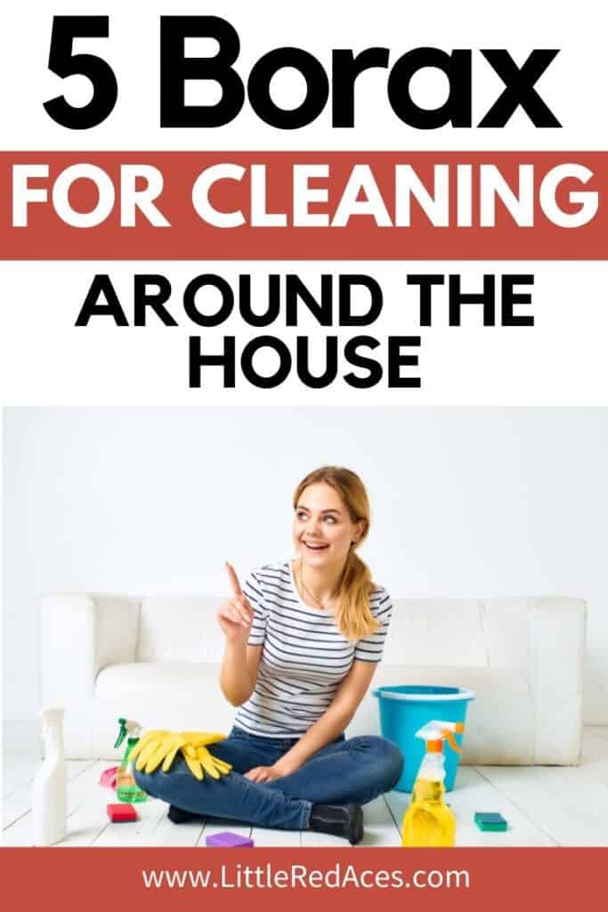 woman sitting down with cleaning supplies with text overlay