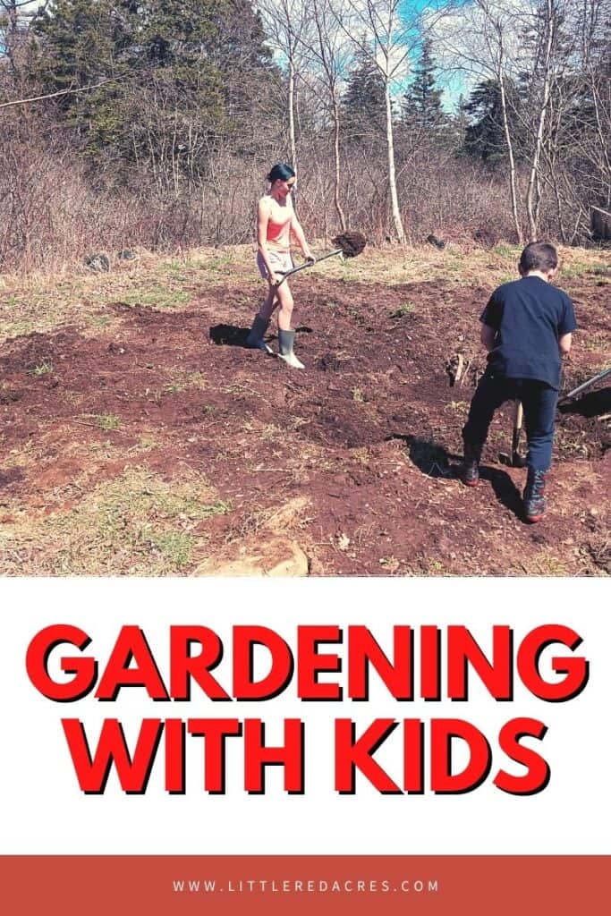 two kids gardening with text overlay