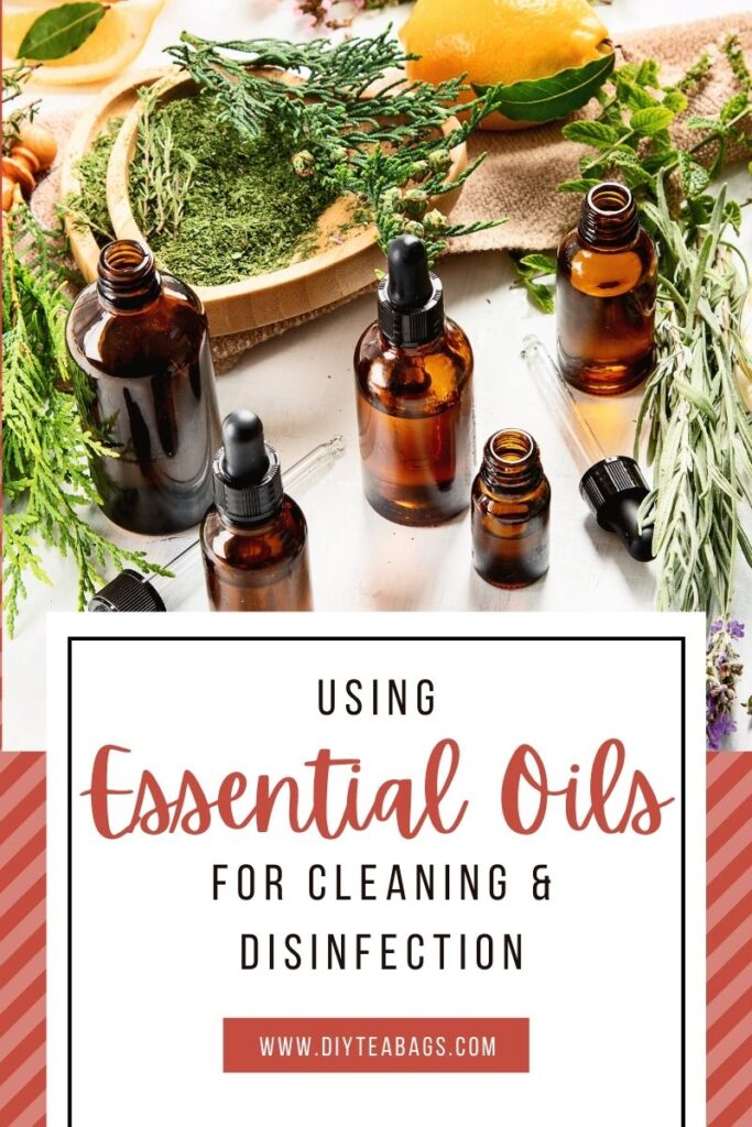 essential oil bottles on counter with text overlay