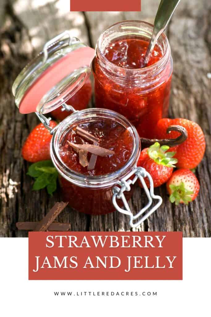2 jars of strawberry jar with 37 Strawberry Jams and Jelly Recipes text overlay