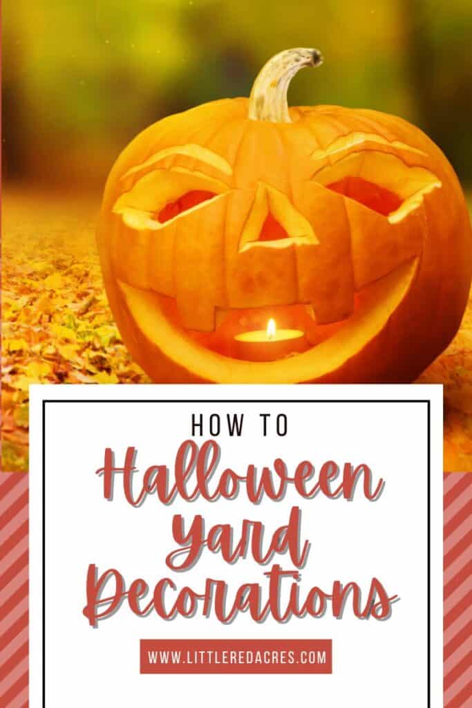 pumpkin in yard with Halloween Yard Decorations text overlay