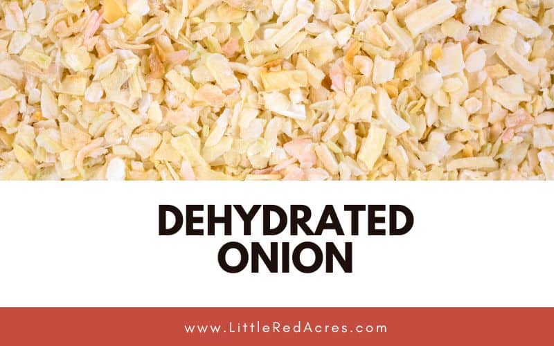 dehydrated onion pieces with Dehydrated Onion text overlay