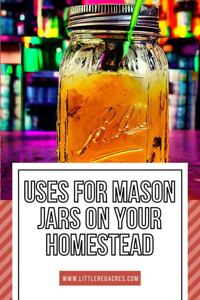 mason jar with drink and straw with Uses for Mason Jars on Your Homestead text overlay