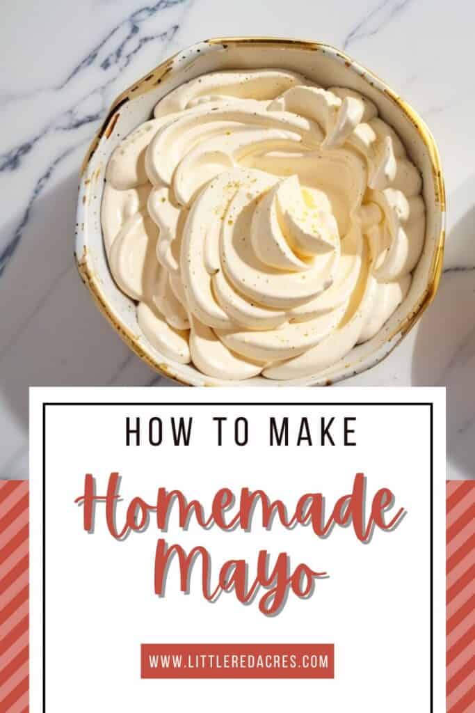 mayo in bowl with How to Make Homemade Mayo, Ready in Minutes text overlay
